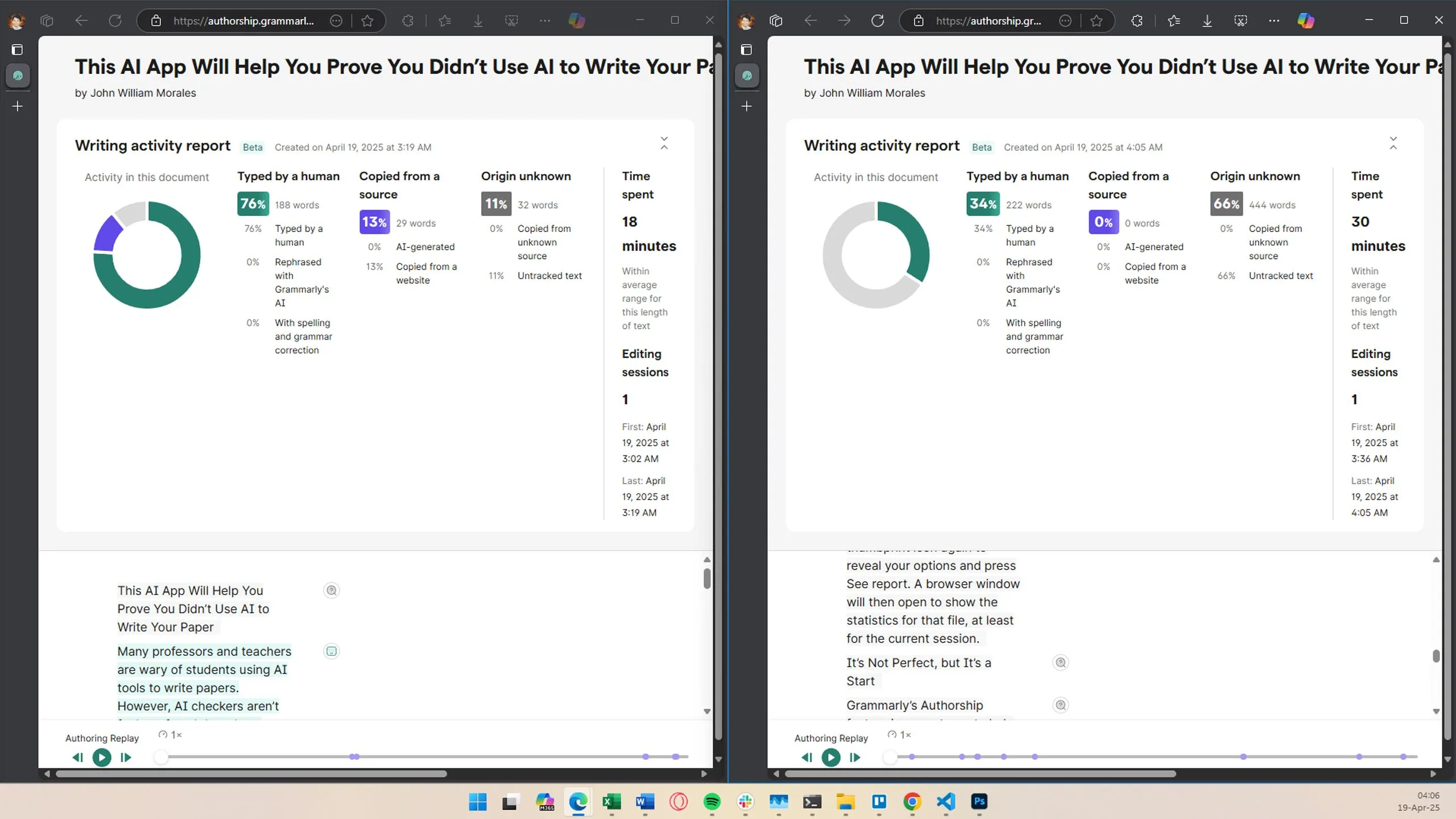 Màn hình hiển thị trạng thái 'Origin unknown' trên Grammarly Authorship khi mở lại tài liệu, cho thấy hạn chế theo dõi