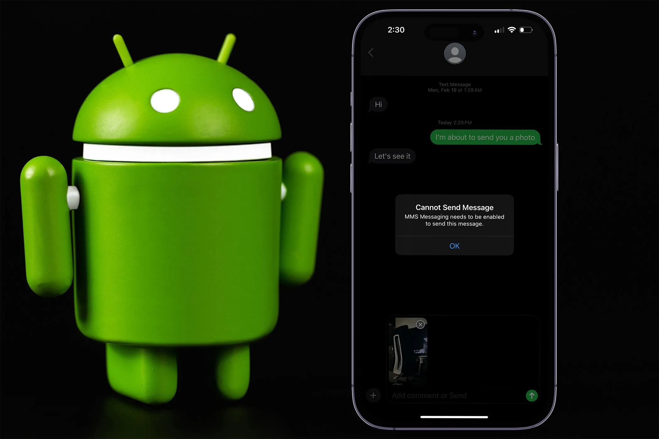 Màn hình iPhone hiển thị lỗi không thể gửi tin nhắn, minh họa rủi ro mất dữ liệu khi chuyển đổi từ iMessage sang Android.