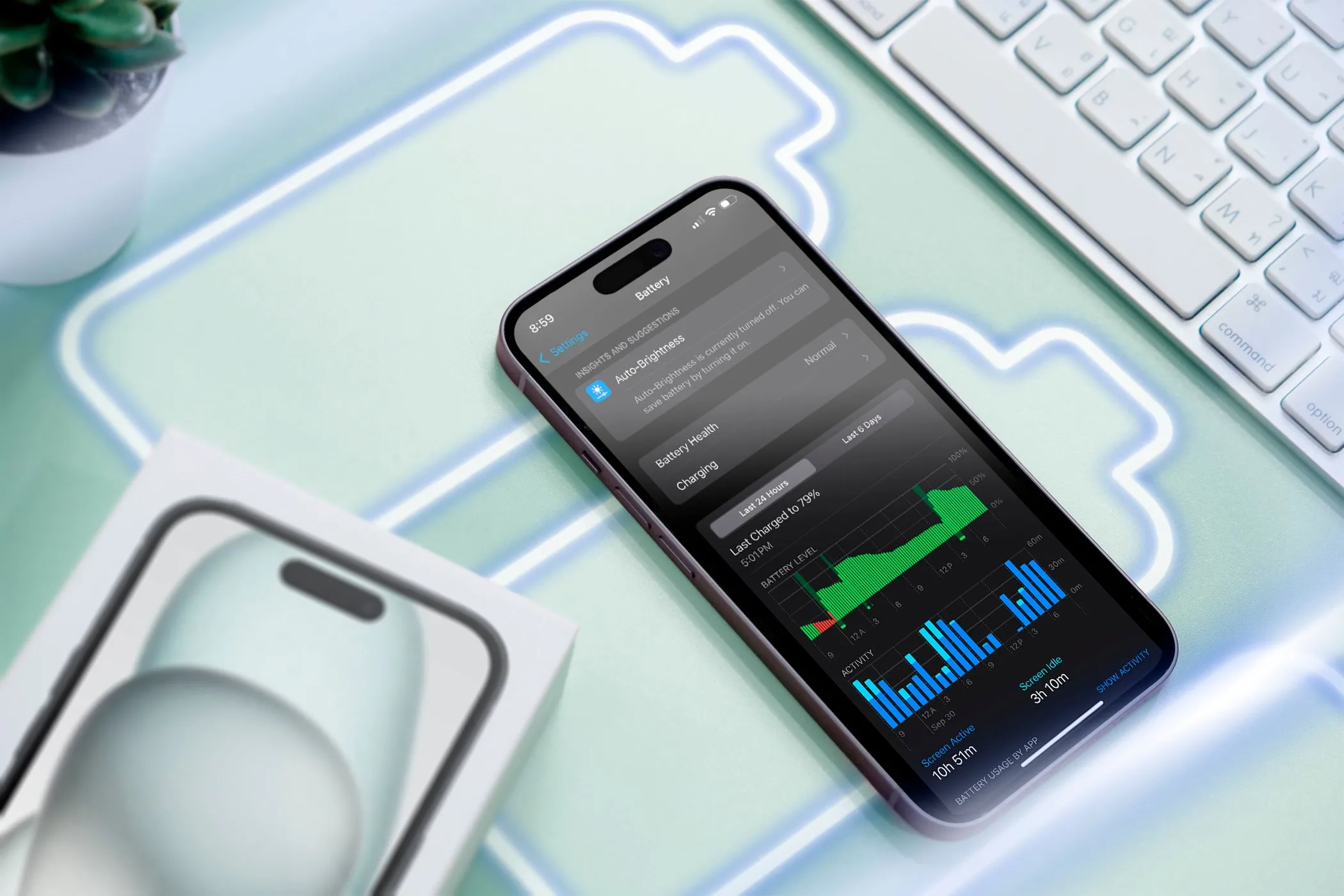 Màn hình iPhone hiển thị mức sử dụng pin và các biểu tượng pin