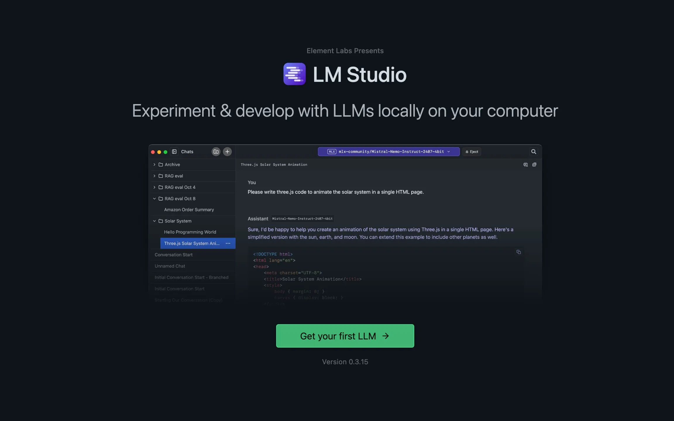 Màn hình khởi động của LM Studio, hướng dẫn người dùng bắt đầu chạy LLM cục bộ.