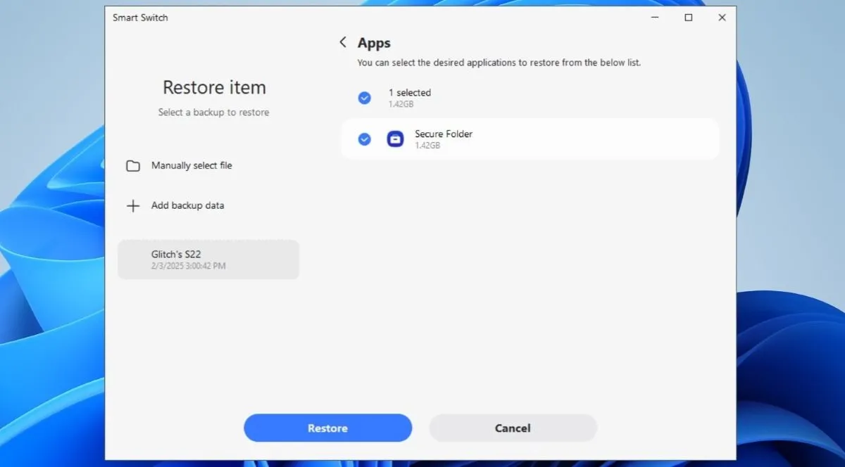 Màn hình khôi phục dữ liệu Secure Folder trong ứng dụng Smart Switch trên máy tính PC hoặc Mac.