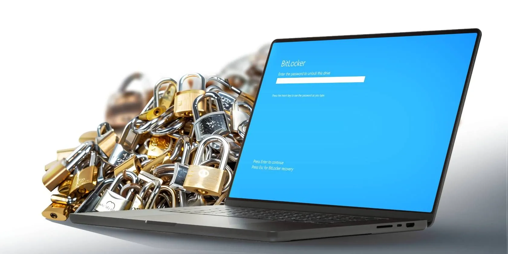 Màn hình laptop hiển thị giao diện nhập mật khẩu BitLocker, tượng trưng cho an ninh dữ liệu.