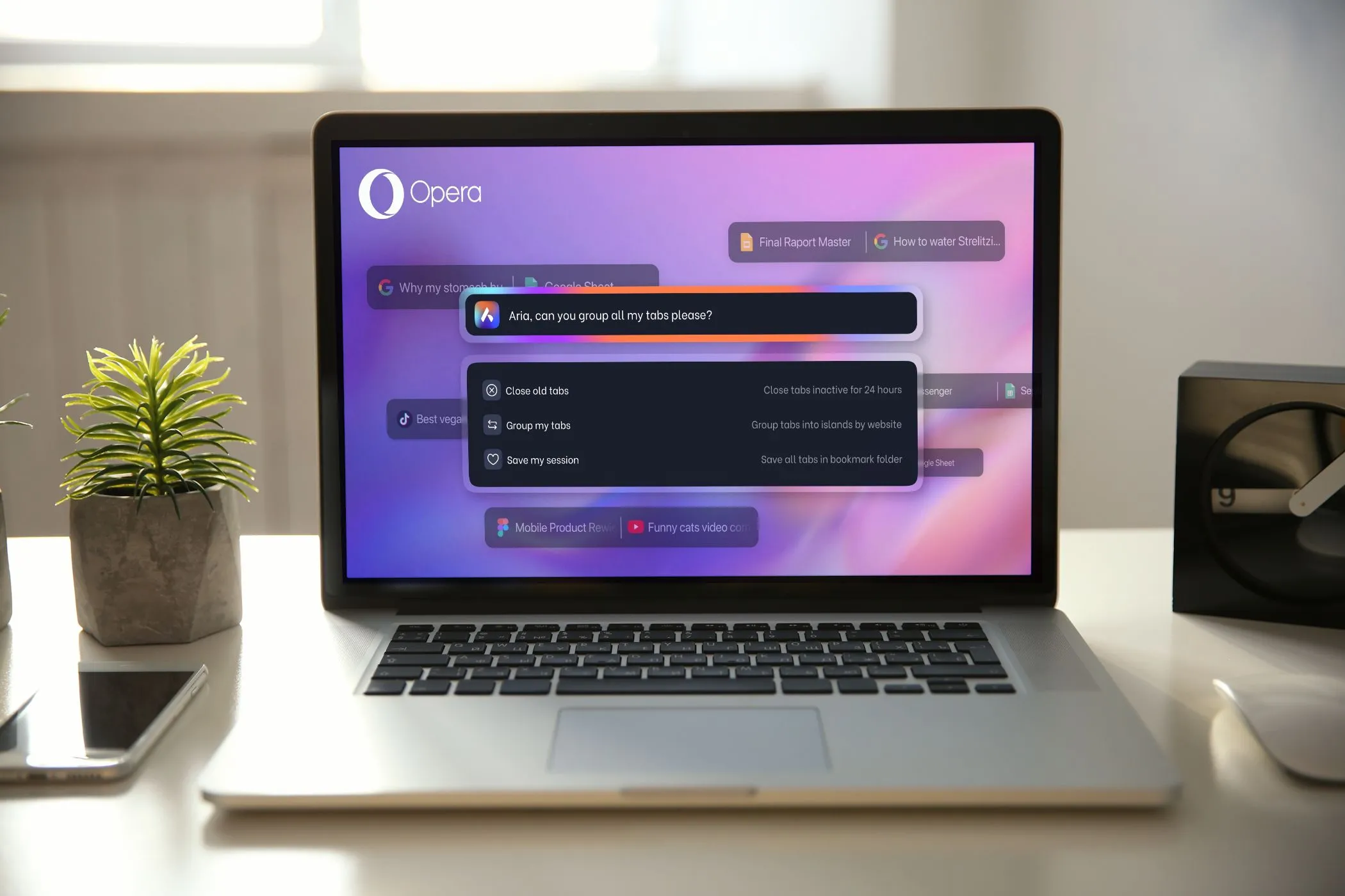 Màn hình laptop hiển thị giao diện Opera với tính năng Tab Islands, minh họa cách AI giúp sắp xếp tab tự động.