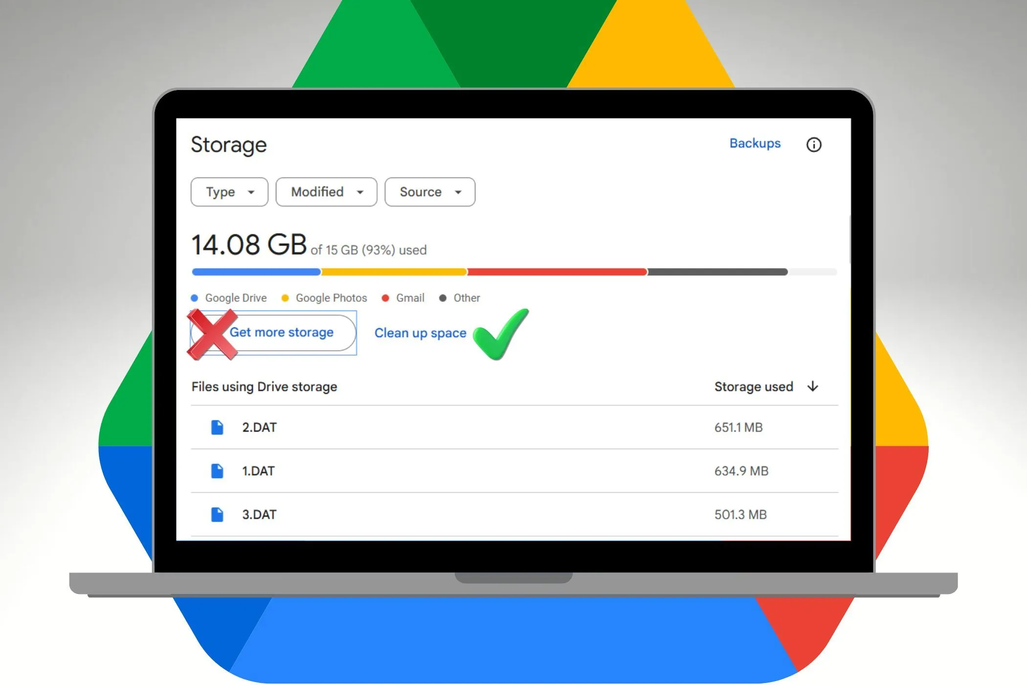 Màn hình laptop hiển thị trạng thái dung lượng lưu trữ trên Google Drive