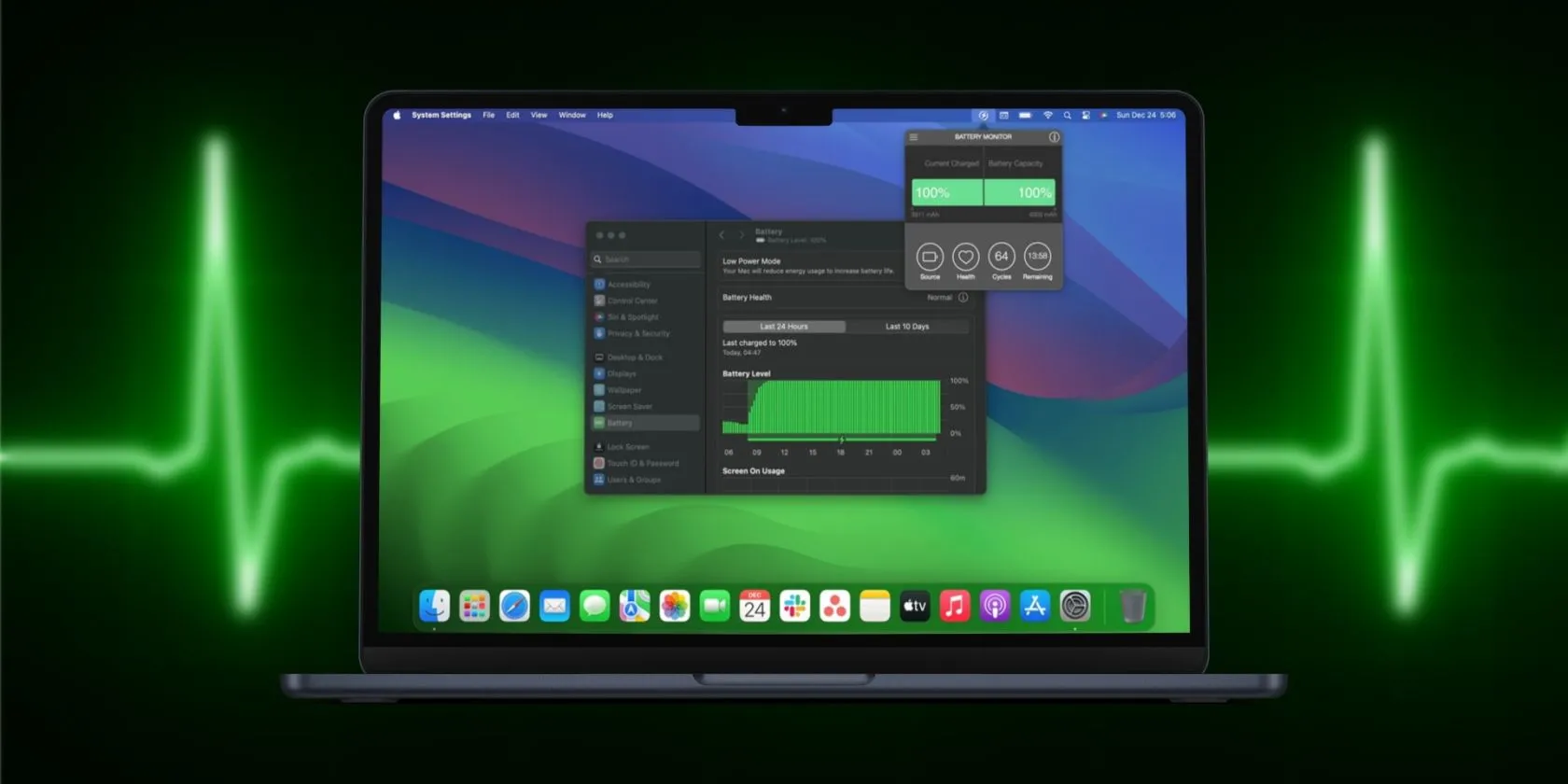 Màn hình MacBook hiển thị trạng thái pin trong Cài đặt hệ thống và thanh menu, minh họa hiệu quả năng lượng vượt trội của dòng máy này.