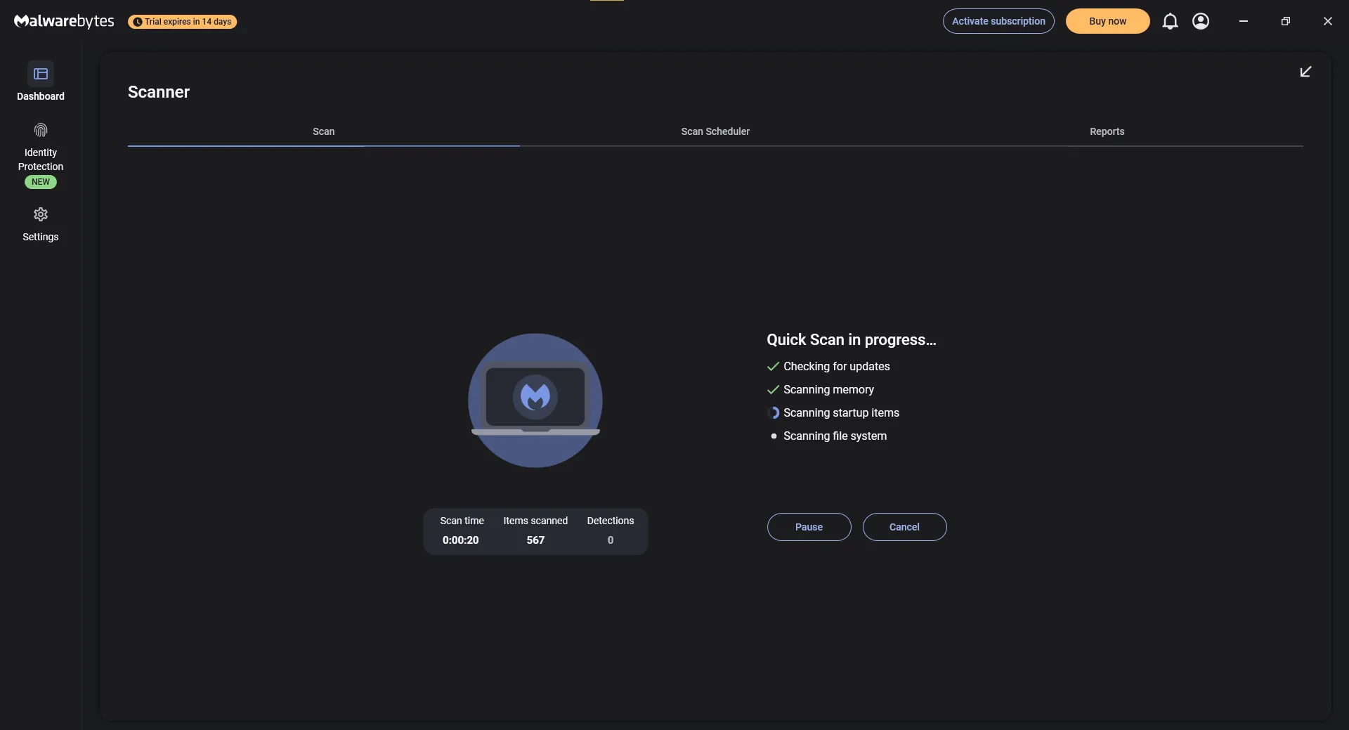 Màn hình Malwarebytes hiển thị quá trình quét virus nhanh trên hệ thống