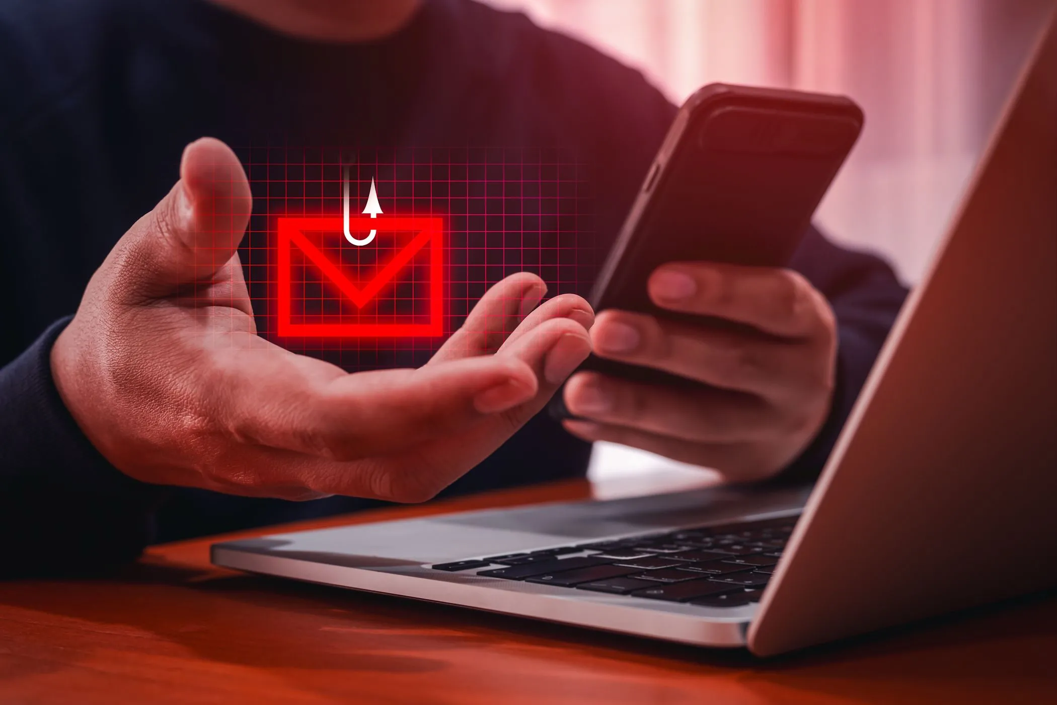 Màn hình máy tính xách tay hiển thị tin nhắn smishing và biểu tượng phong bì, minh họa nguy cơ tin nhắn SMS bị chặn