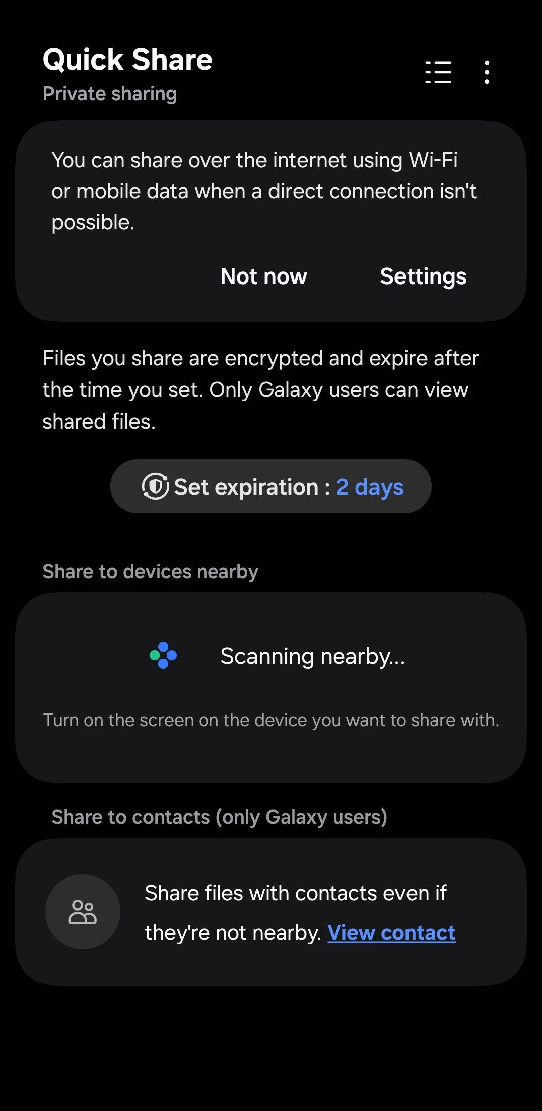 Màn hình menu chia sẻ riêng tư (Private Share) trên điện thoại Samsung Galaxy