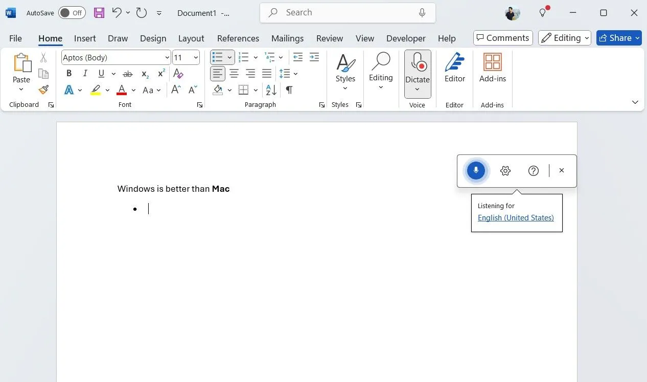 Màn hình Microsoft Word minh họa khả năng định dạng văn bản bằng giọng nói với tính năng gõ Dictate.