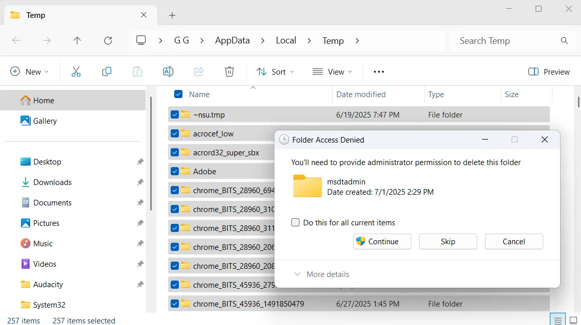 Màn hình nhắc xóa trong thư mục Temp trên Windows