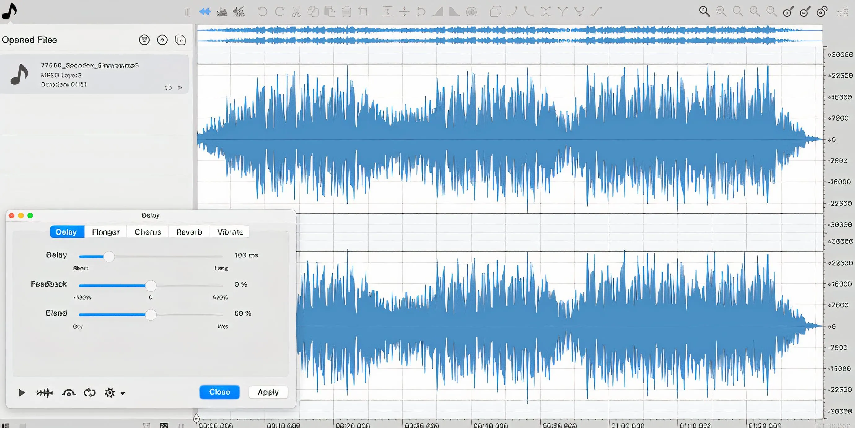 Màn hình Ocenaudio hiển thị hiệu ứng Delay đang được áp dụng