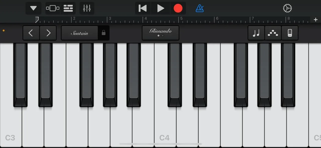 Màn hình piano ảo tương tác trong ứng dụng GarageBand, biến iPhone thành nhạc cụ để sáng tác nhạc.