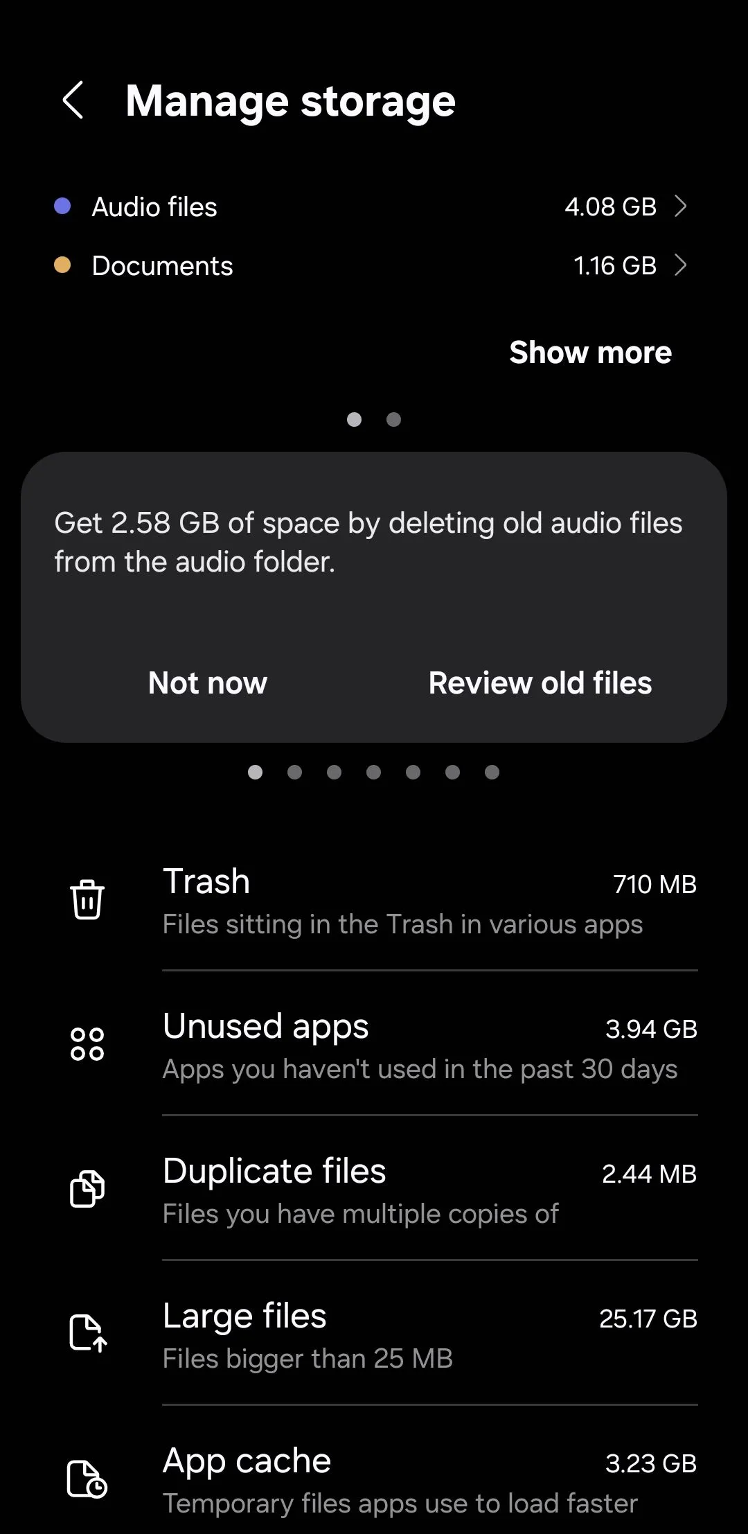 Màn hình quản lý bộ nhớ và xóa bộ nhớ đệm ứng dụng trên Samsung One UI