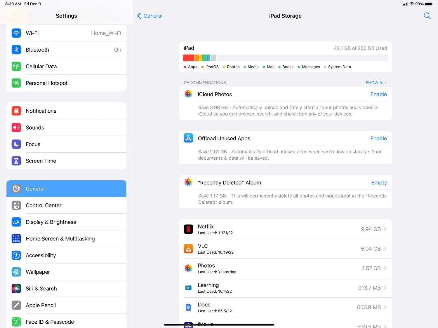 Màn hình quản lý dung lượng lưu trữ trên iPad hiển thị mức sử dụng bộ nhớ