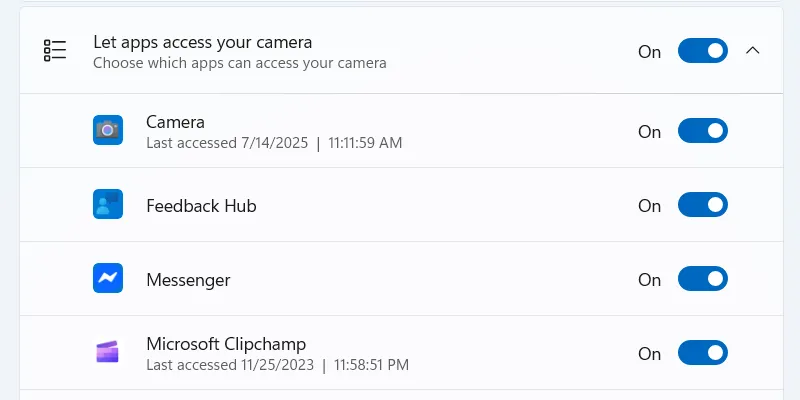 Màn hình quản lý quyền truy cập Camera của ứng dụng trên Windows 11, hiển thị danh sách các ứng dụng có thể truy cập.