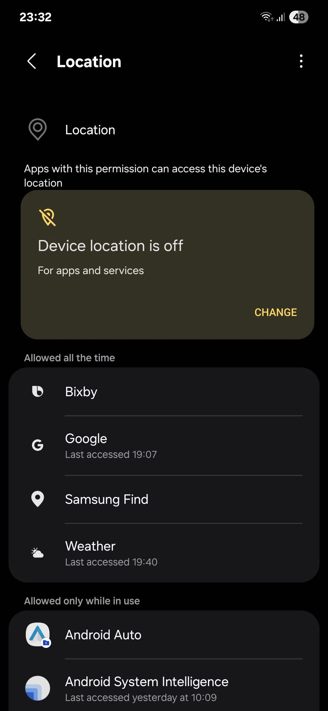 Màn hình quản lý quyền truy cập vị trí của ứng dụng trên Android, hiển thị tùy chọn vị trí chính xác