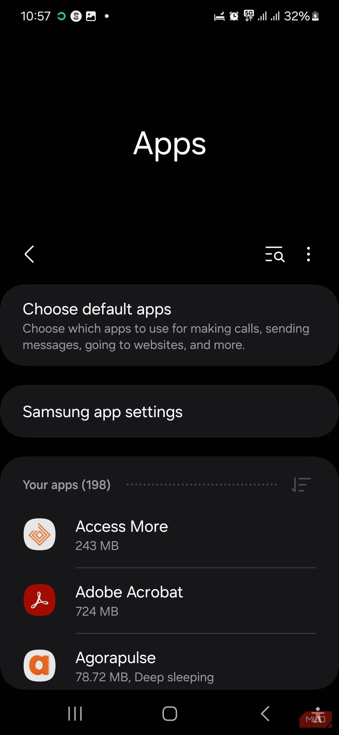 Màn hình quản lý Ứng dụng trong cài đặt điện thoại Samsung