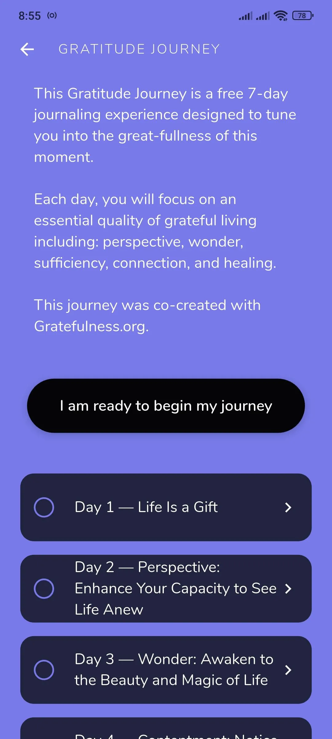 Màn hình Reflection.app giới thiệu &quot;Hành trình Lòng biết ơn&quot;, một trong các hướng dẫn ghi nhật ký chuyên sâu
