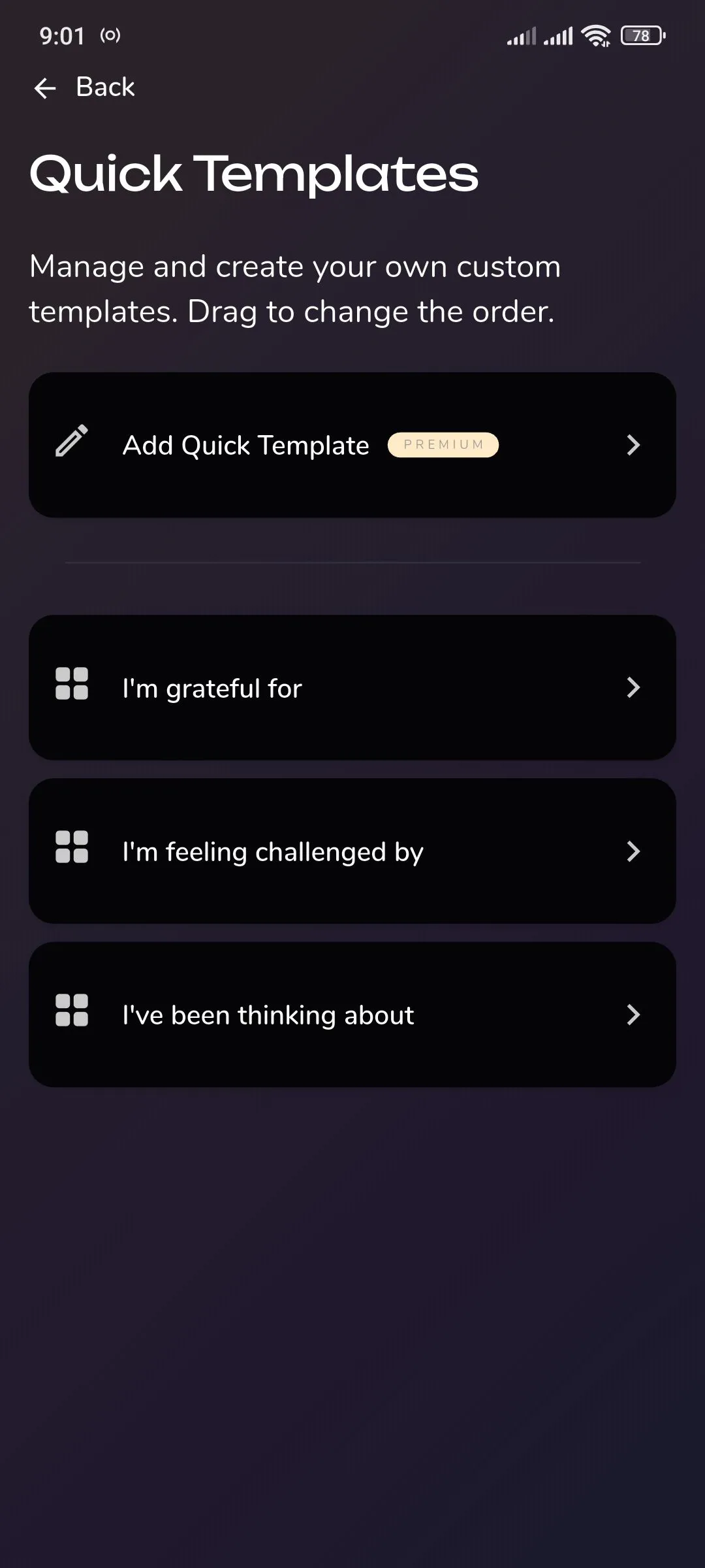 Màn hình Reflection.app hiển thị các mẫu nhanh có sẵn và tùy chọn thêm mẫu mới