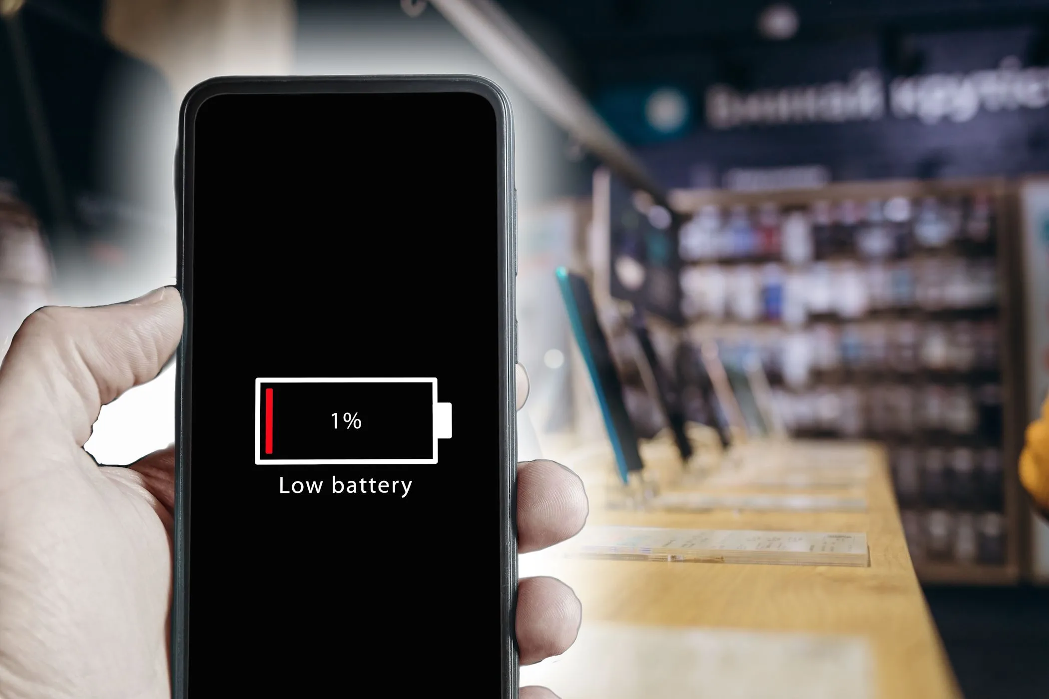 Màn hình smartphone hiển thị thông báo pin yếu, minh họa chu kỳ sạc pin