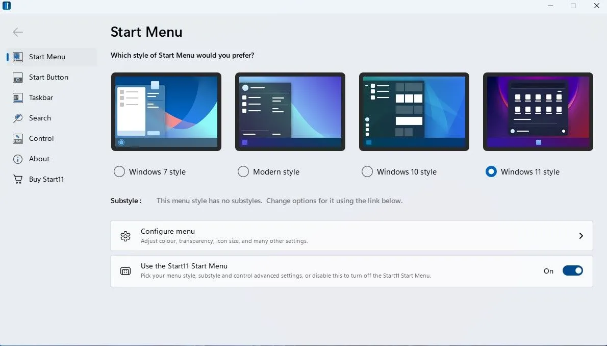 Màn hình Start Menu đã được tùy biến với Start11 trên Windows 11, hiển thị các ứng dụng và thư mục được ghim