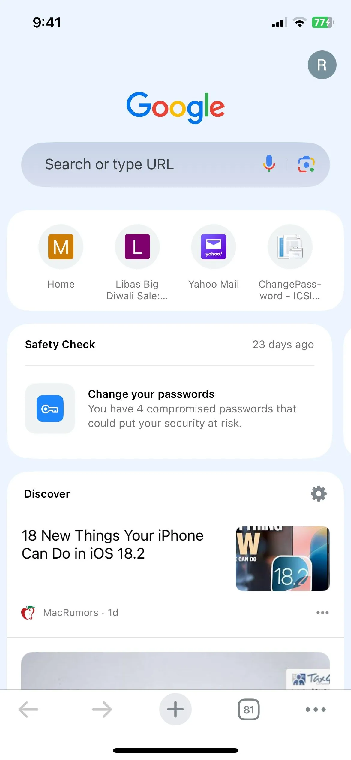 Màn hình tab mới của Chrome trên iPhone, minh họa giao diện sạch sẽ và dễ sử dụng