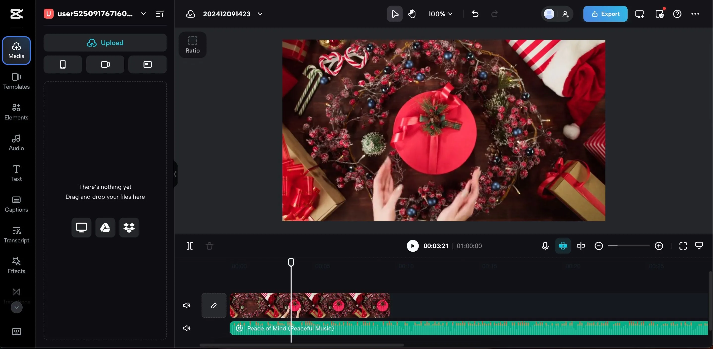 Màn hình tải file media lên CapCut, hiển thị các tùy chọn để tải nhạc hoặc video từ thiết bị