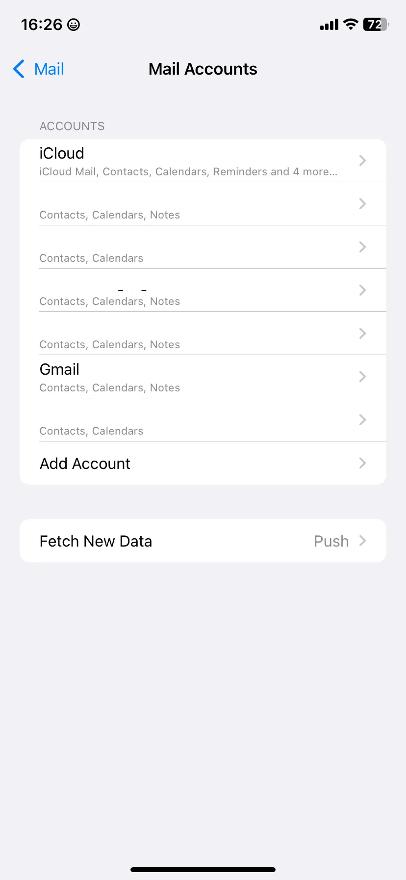 Màn hình Tài khoản Mail trên iOS với tùy chọn Tìm nạp Dữ liệu Mới
