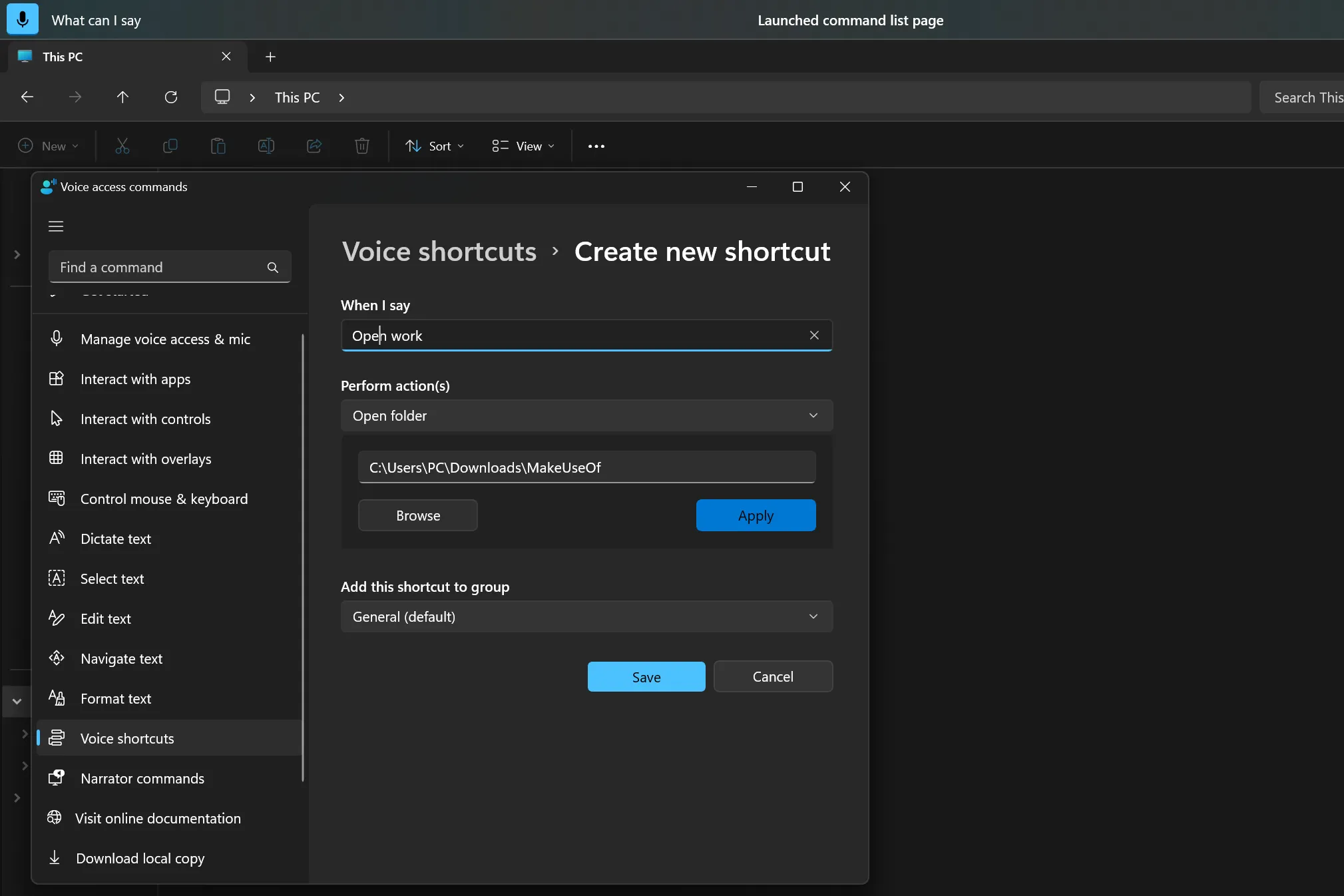 Màn hình tạo phím tắt giọng nói tùy chỉnh mới cho Voice Access trên hệ điều hành Windows 11.
