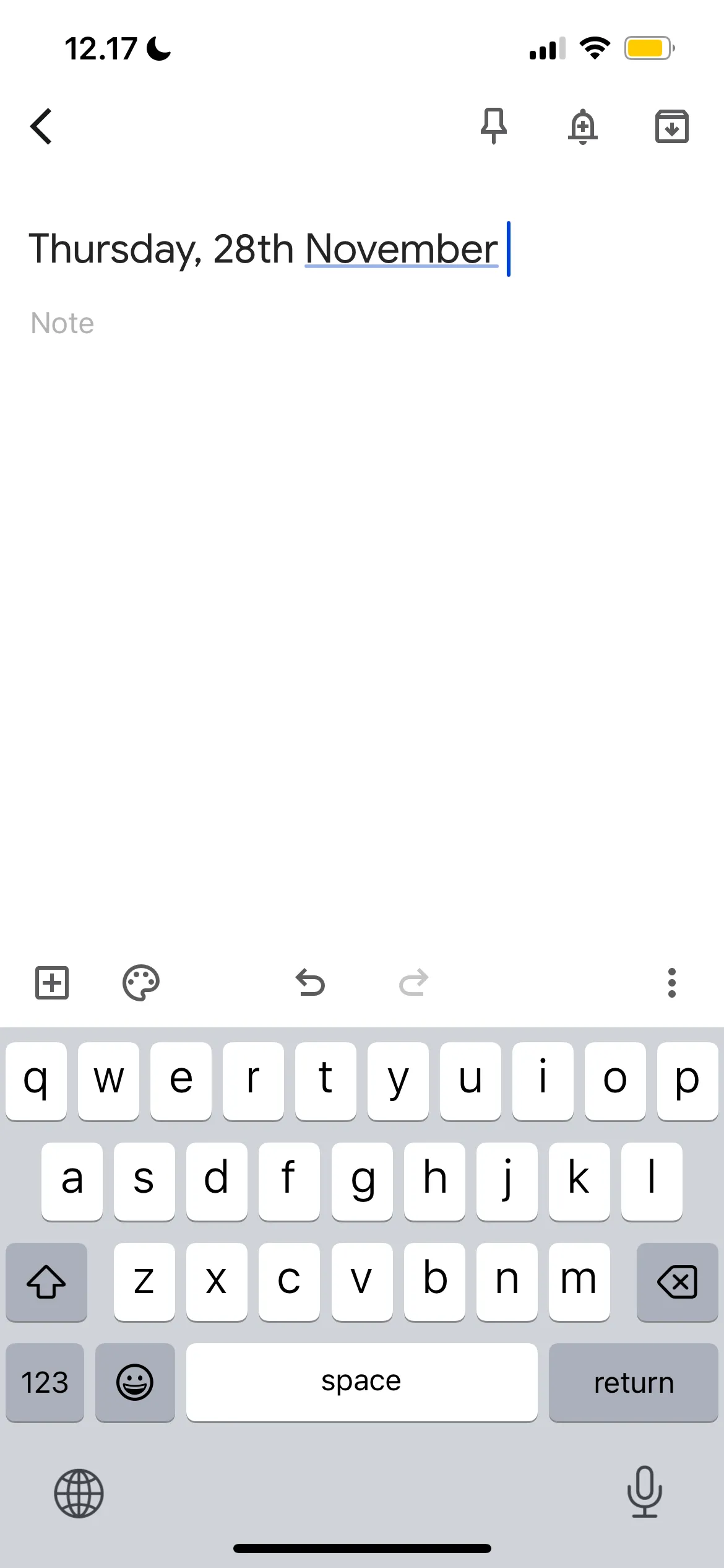 Màn hình thêm một ghi chú nhật ký trong Google Keep, thể hiện tính năng ghi chép linh hoạt.