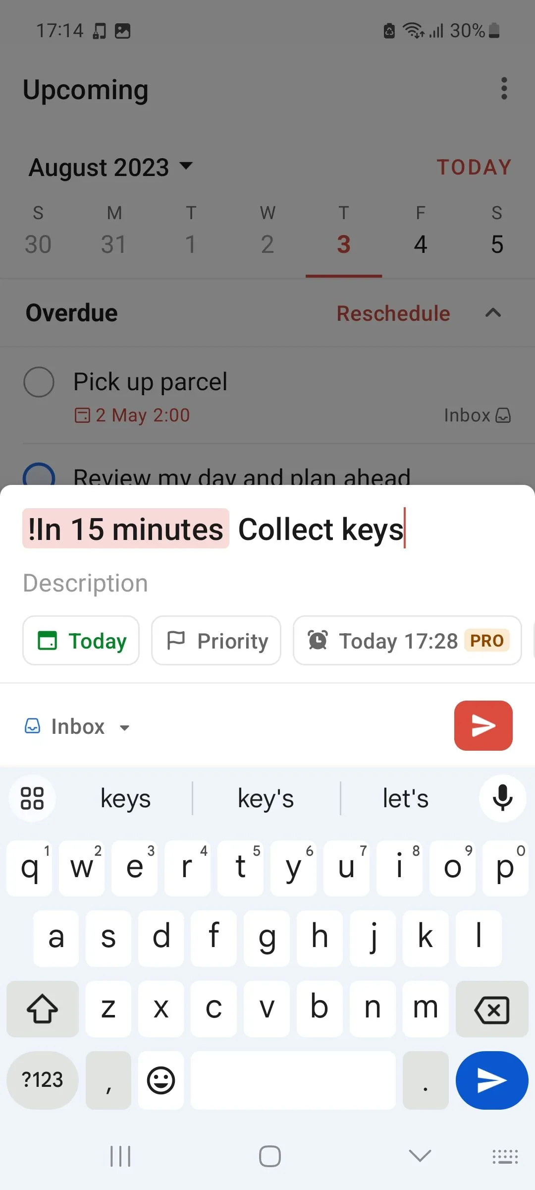 Màn hình thêm một nhiệm vụ ngắn hạn mới trong ứng dụng Todoist, minh họa sự đơn giản trong thao tác.