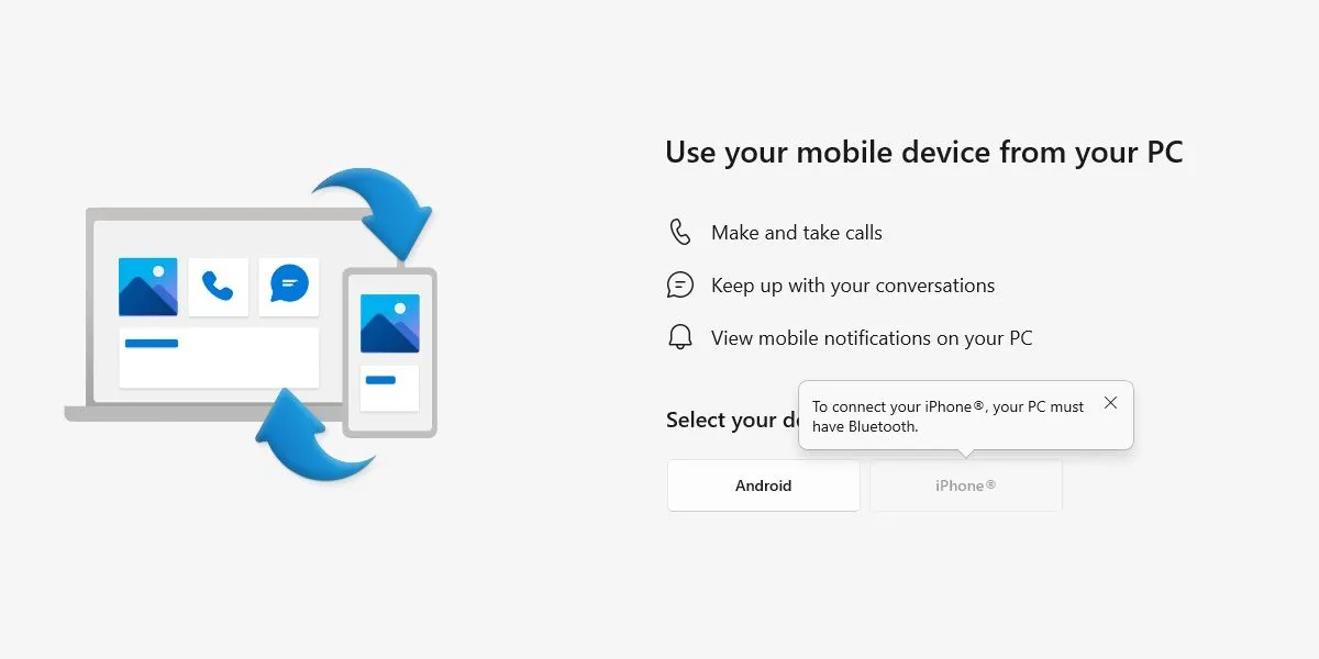 Màn hình thiết lập ban đầu của Microsoft Phone Link trên Windows