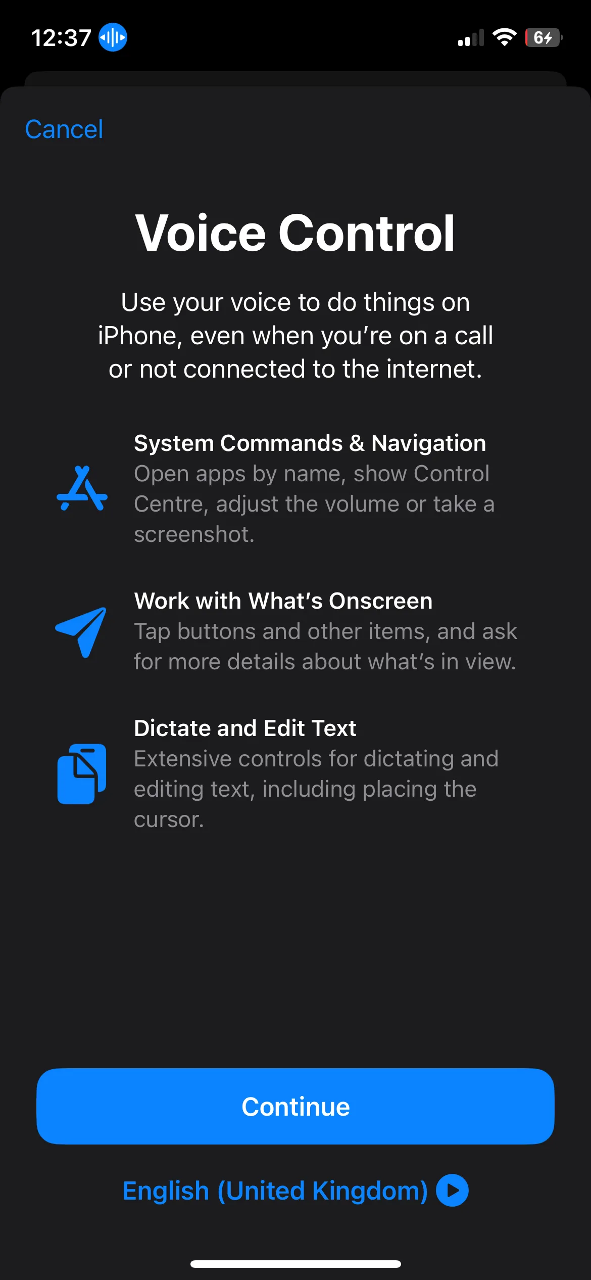 Màn hình thiết lập ban đầu tính năng Điều khiển bằng giọng nói (Voice Control) trên iPhone