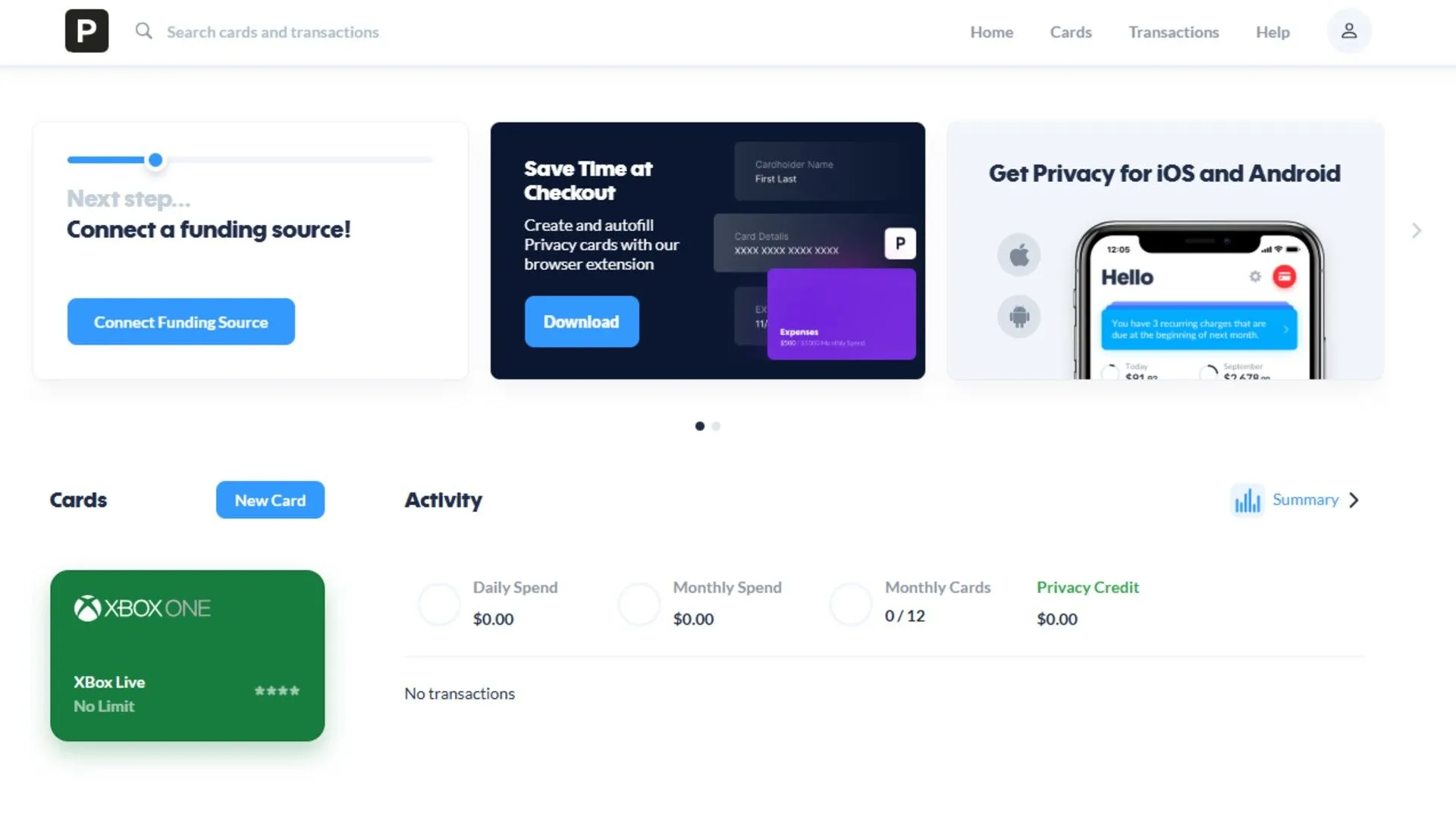 Màn hình thiết lập tài khoản và liên kết tài khoản ngân hàng trên Privacy.com để sẵn sàng tạo thẻ ảo.