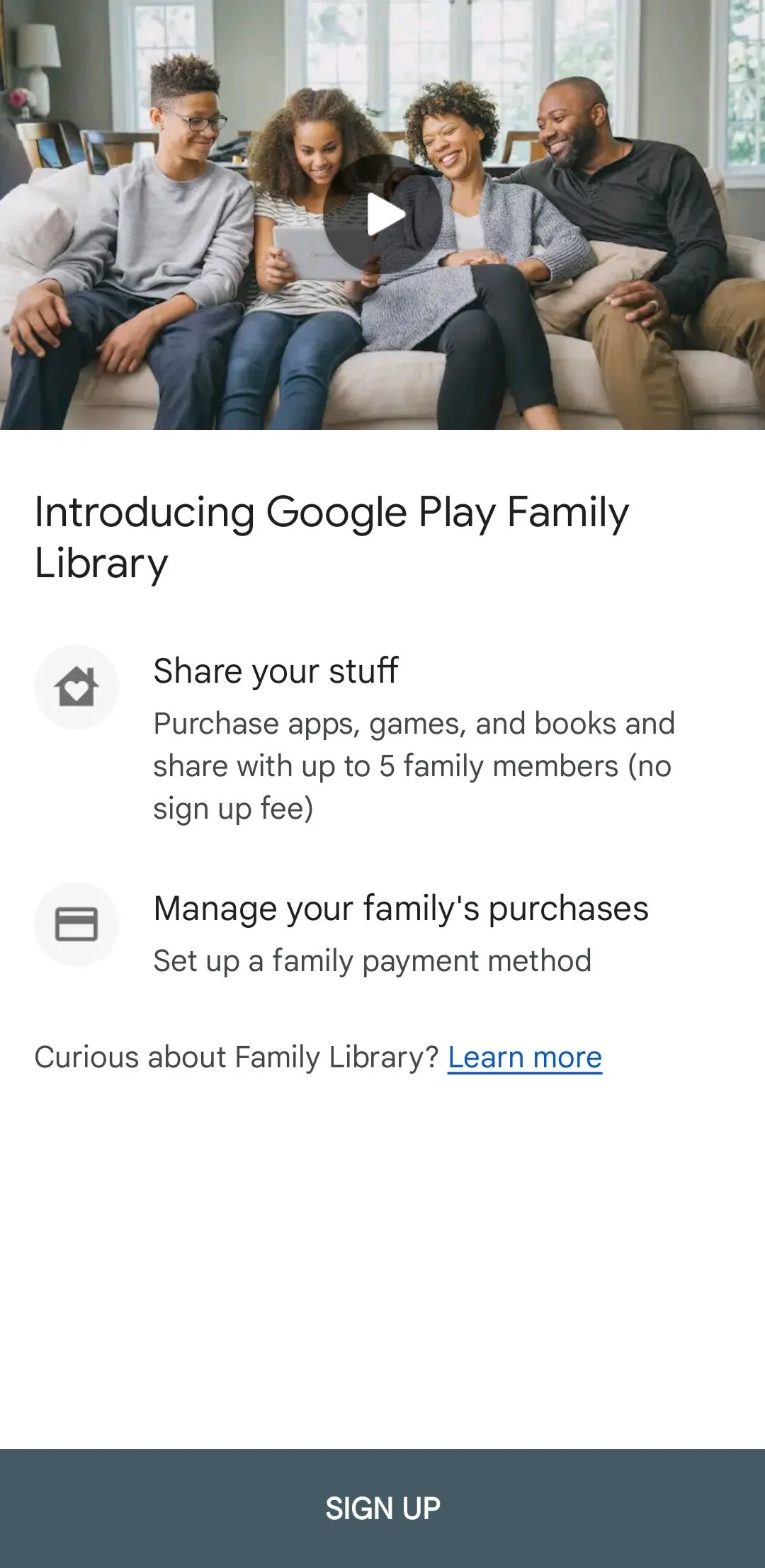 Màn hình thiết lập Thư viện gia đình trên Google Play Store để chia sẻ nội dung mua sắm