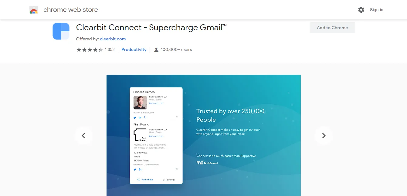 Màn hình tiện ích Clearbit Connect trên Chrome Web Store hiển thị số lượng người dùng và đánh giá.