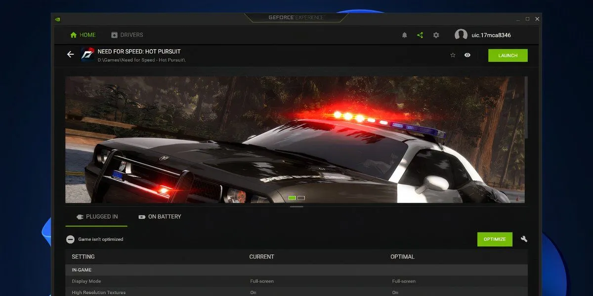 Màn hình tối ưu game trong ứng dụng NVIDIA GeForce Experience trên Windows 11, hiển thị tùy chọn tối ưu cài đặt trò chơi.