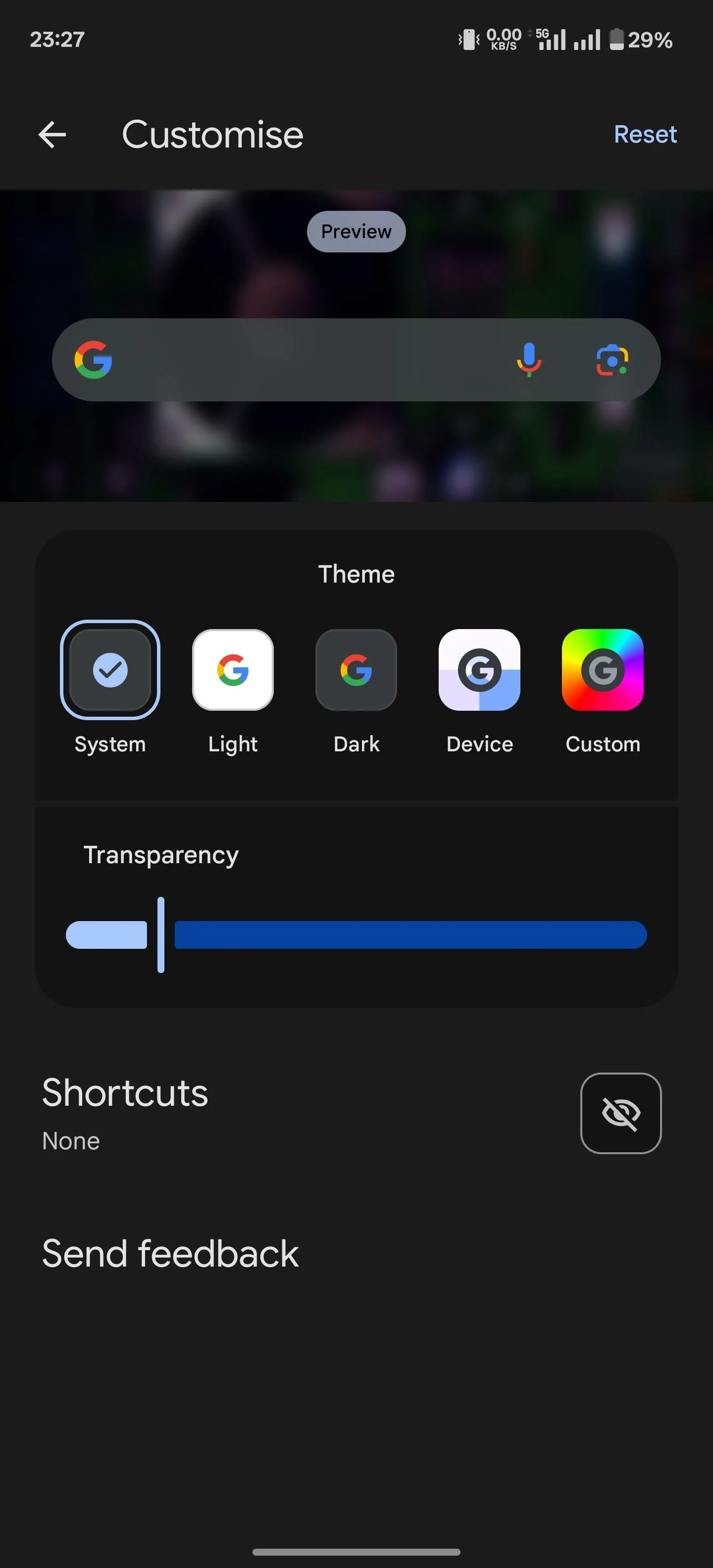 Màn hình tùy chỉnh widget tìm kiếm Google trong ứng dụng Google với các tùy chọn phím tắt.