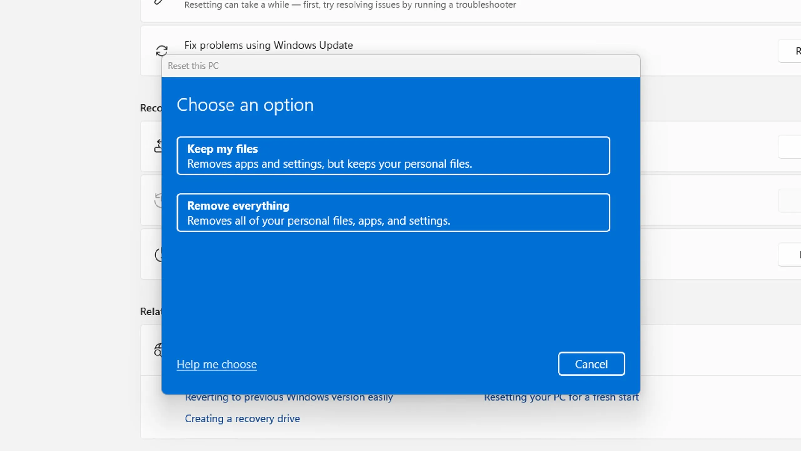 Màn hình tùy chọn Reset This PC trong Windows 11, giúp xóa bỏ toàn bộ dữ liệu và keylogger triệt để