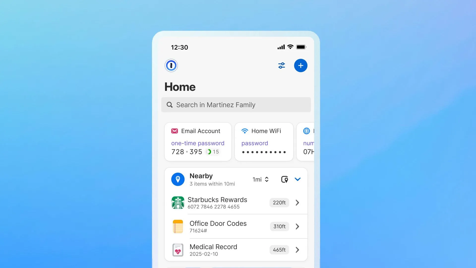 Màn hình ứng dụng 1Password hiển thị các mục liên quan đến vị trí, minh họa tính năng quản lý mật khẩu trên Android.