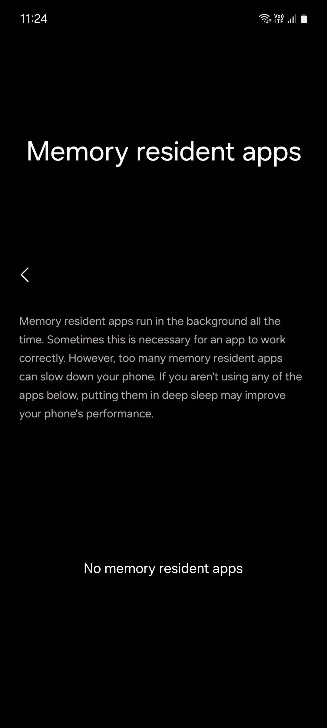 Màn hình &quot;Ứng dụng bộ nhớ thường trú&quot; trên Samsung, liệt kê các ứng dụng luôn chạy nền.