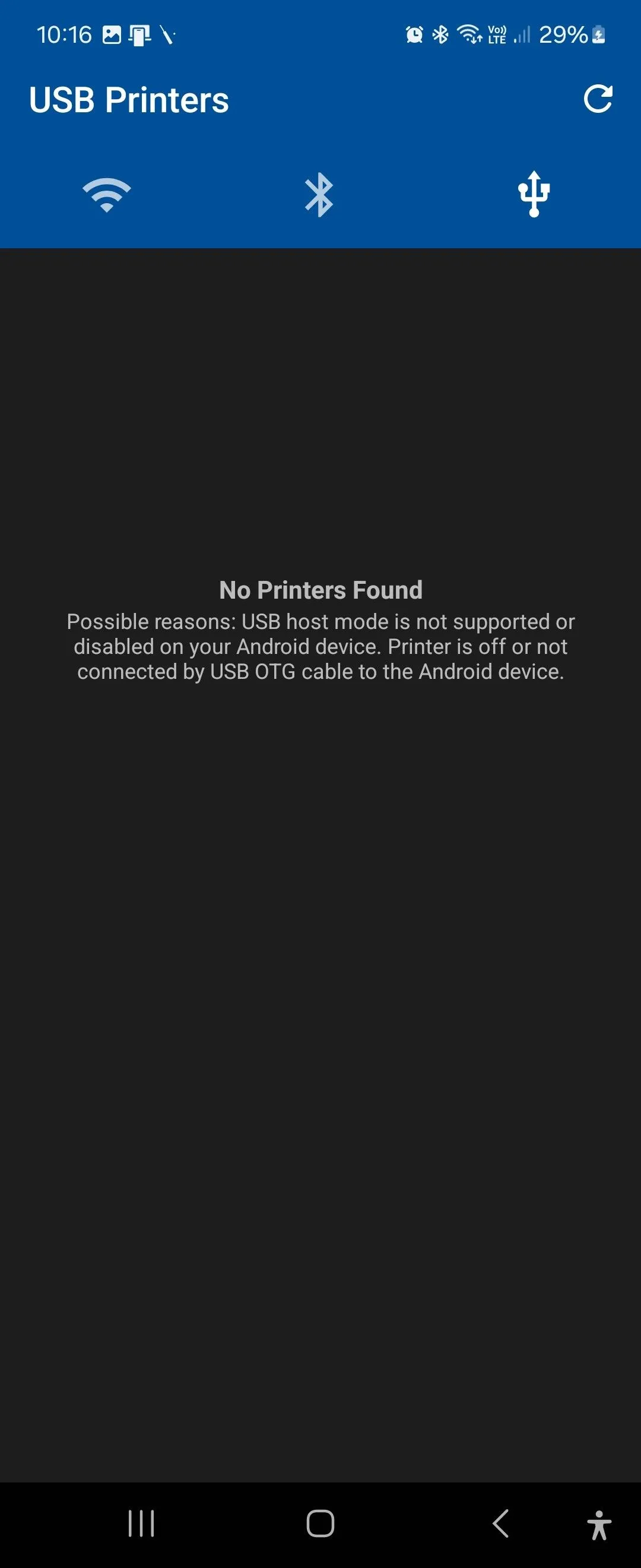 Màn hình ứng dụng NokoPrint trên điện thoại Android hiển thị các tùy chọn in chính như Ảnh, Tài liệu và Trang web.