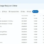 Màn hình ứng dụng PC Manager hiển thị danh sách các tệp tin có dung lượng lớn trên máy tính, với các tùy chọn sắp xếp và lọc theo kích thước.