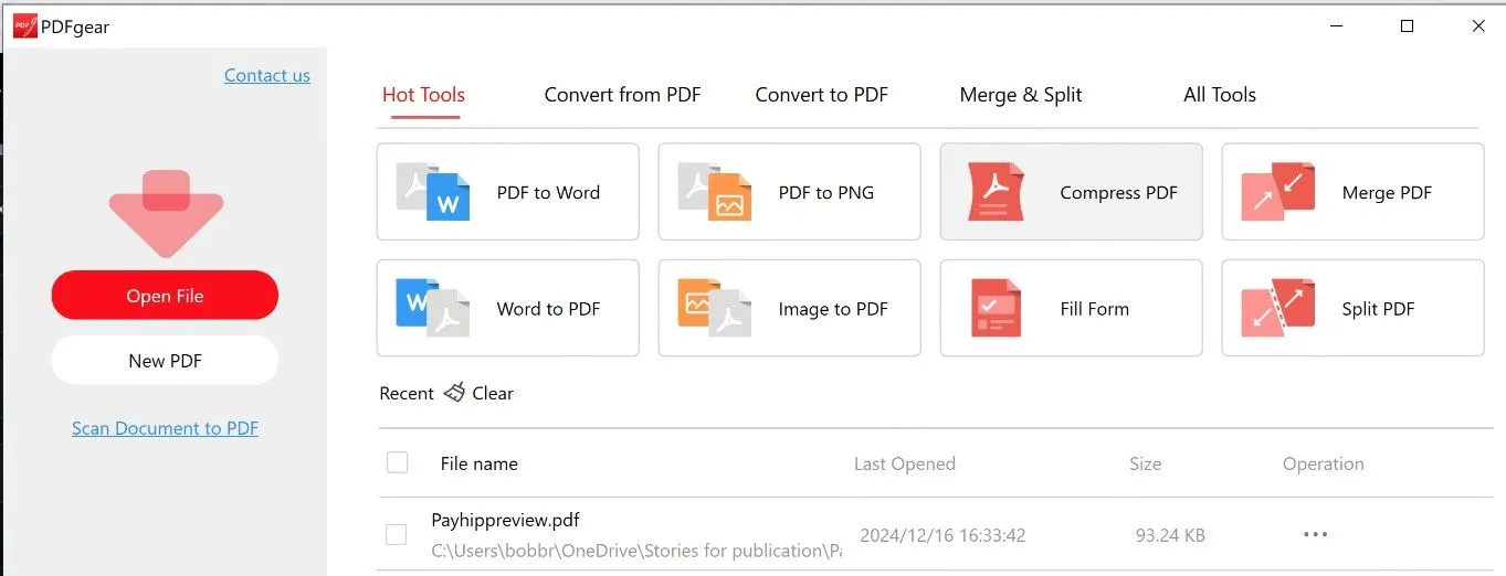 Màn hình ứng dụng PDFGear với các công cụ chỉnh sửa và quản lý tệp PDF