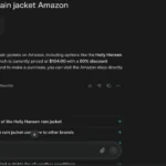 Màn hình ứng dụng Perplexity AI hiển thị kết quả tìm kiếm áo khoác Helly Hansen trên Amazon, minh họa khả năng lọc sản phẩm theo thương hiệu.