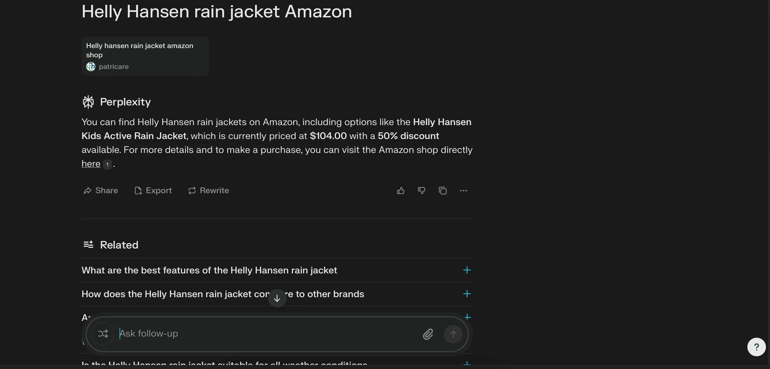 Màn hình ứng dụng Perplexity AI hiển thị kết quả tìm kiếm áo khoác Helly Hansen trên Amazon, minh họa khả năng lọc sản phẩm theo thương hiệu.