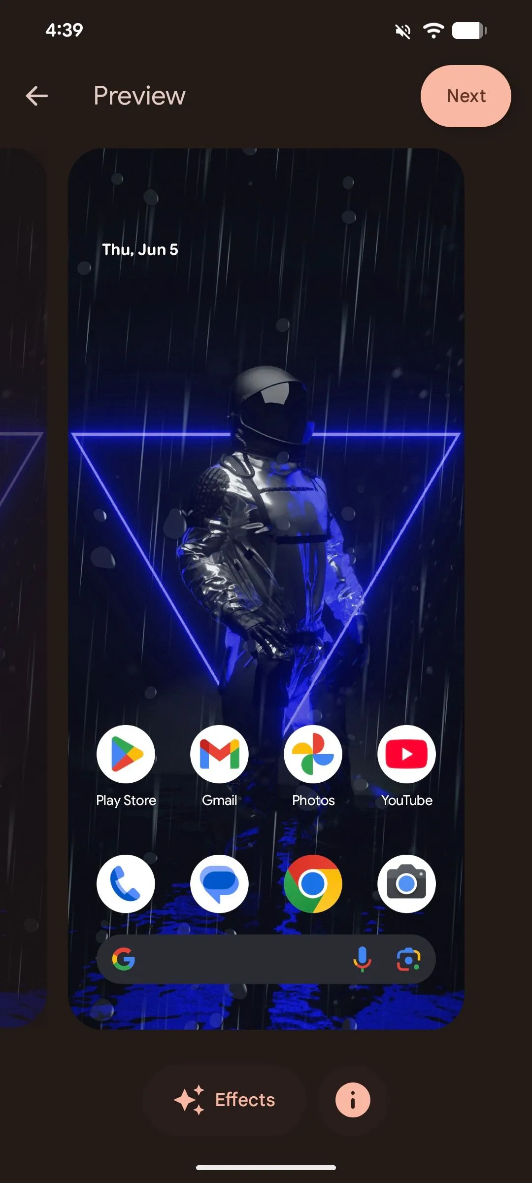 Màn hình xem trước hình nền trên Android 16 trước khi áp dụng, hiển thị hiệu ứng đã chọn.