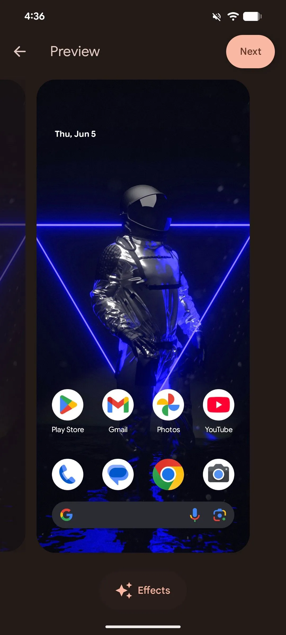 Màn hình xem trước hình nền trong Android 16 với tùy chọn &quot;Effects&quot; (Hiệu ứng) được chọn ở thanh công cụ phía dưới.