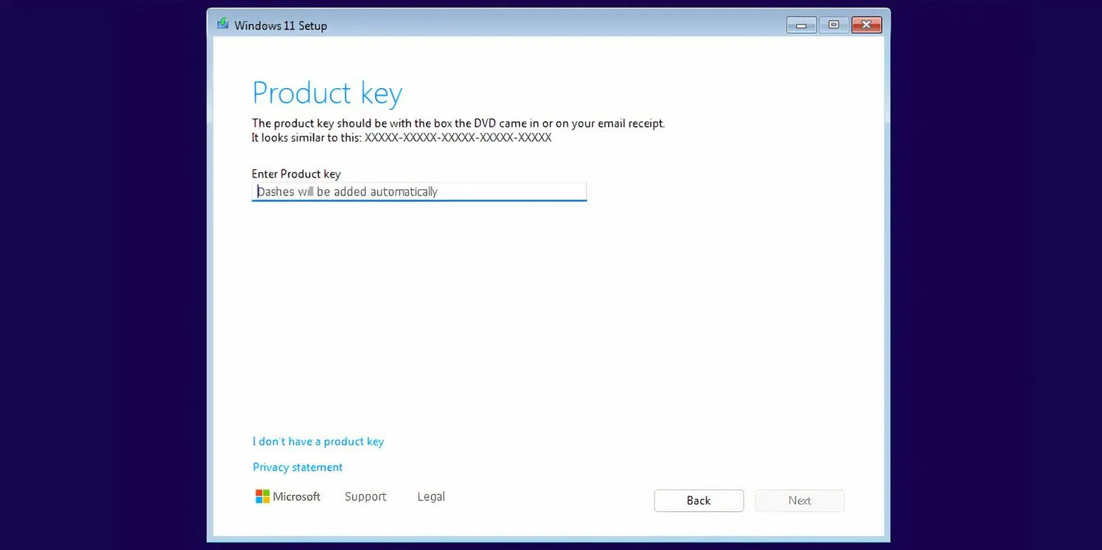 Màn hình yêu cầu khóa sản phẩm (product key) trong quá trình cài đặt Windows 11, nơi người dùng có thể chọn &quot;I don't have a product key&quot; để tiếp tục.