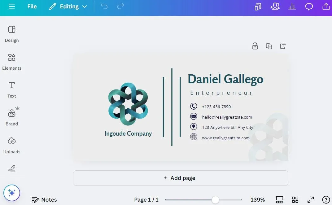Mẫu chữ ký email chuyên nghiệp đang được thiết kế trên Canva desktop